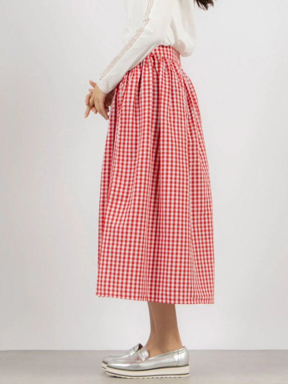 Benetton Linen blend checked midi skirt in red and white, size 38 ~ NWT!